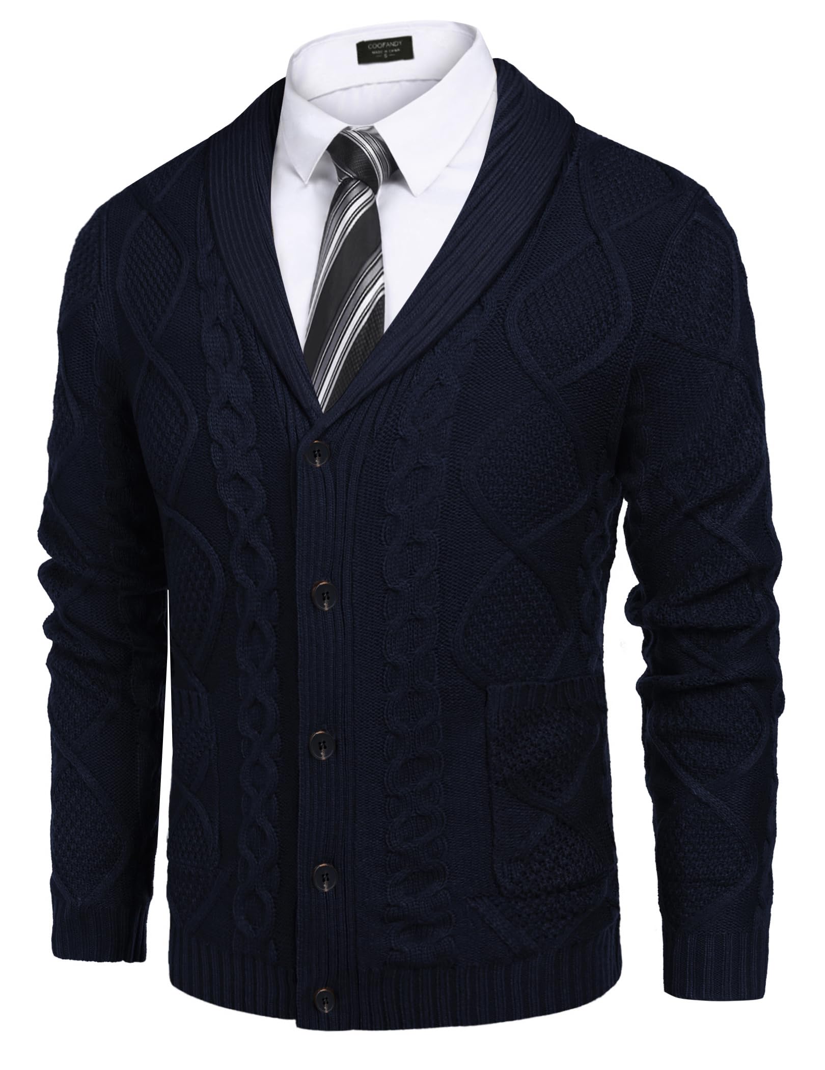 COOFANDY Mens Casual Knitted Merino Wool Aran Sweater Shawl Collar Button Down Cardigan SweaterNavy BlueXX-Large
