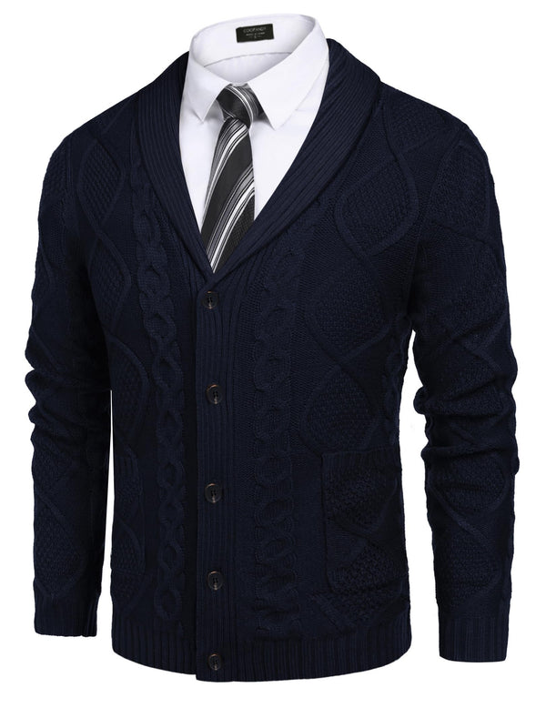 COOFANDY Mens Casual Knitted Merino Wool Aran Sweater Shawl Collar Button Down Cardigan SweaterNavy BlueXX-Large