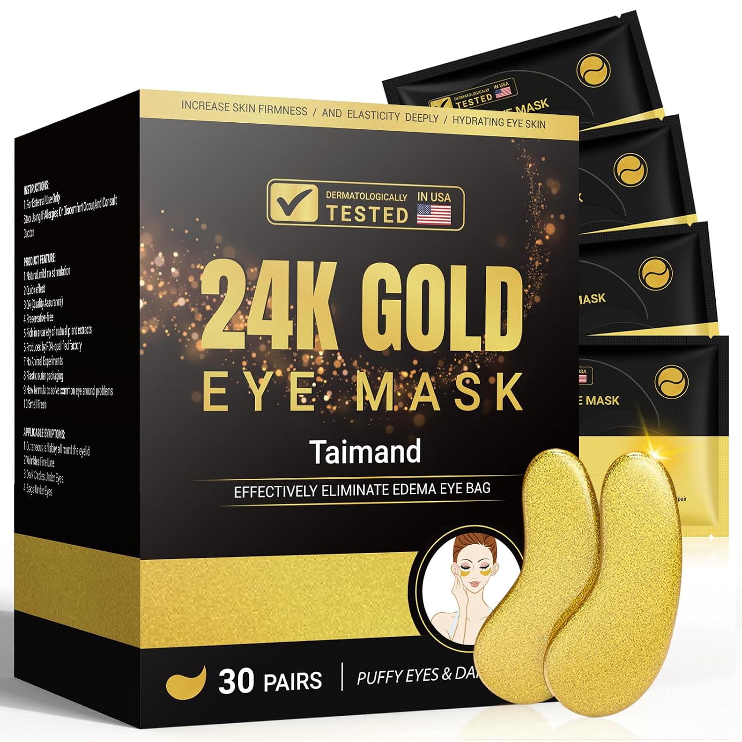 Under Eye Patches (30 Pairs), 24K Gold Eye Mask for Dark Circles | for Puffy Eyes, Bags and Wrinkles, with Collagen, Hyaluronic Acid, Relieves Pressure, Revitalises Skin for Women and Men
