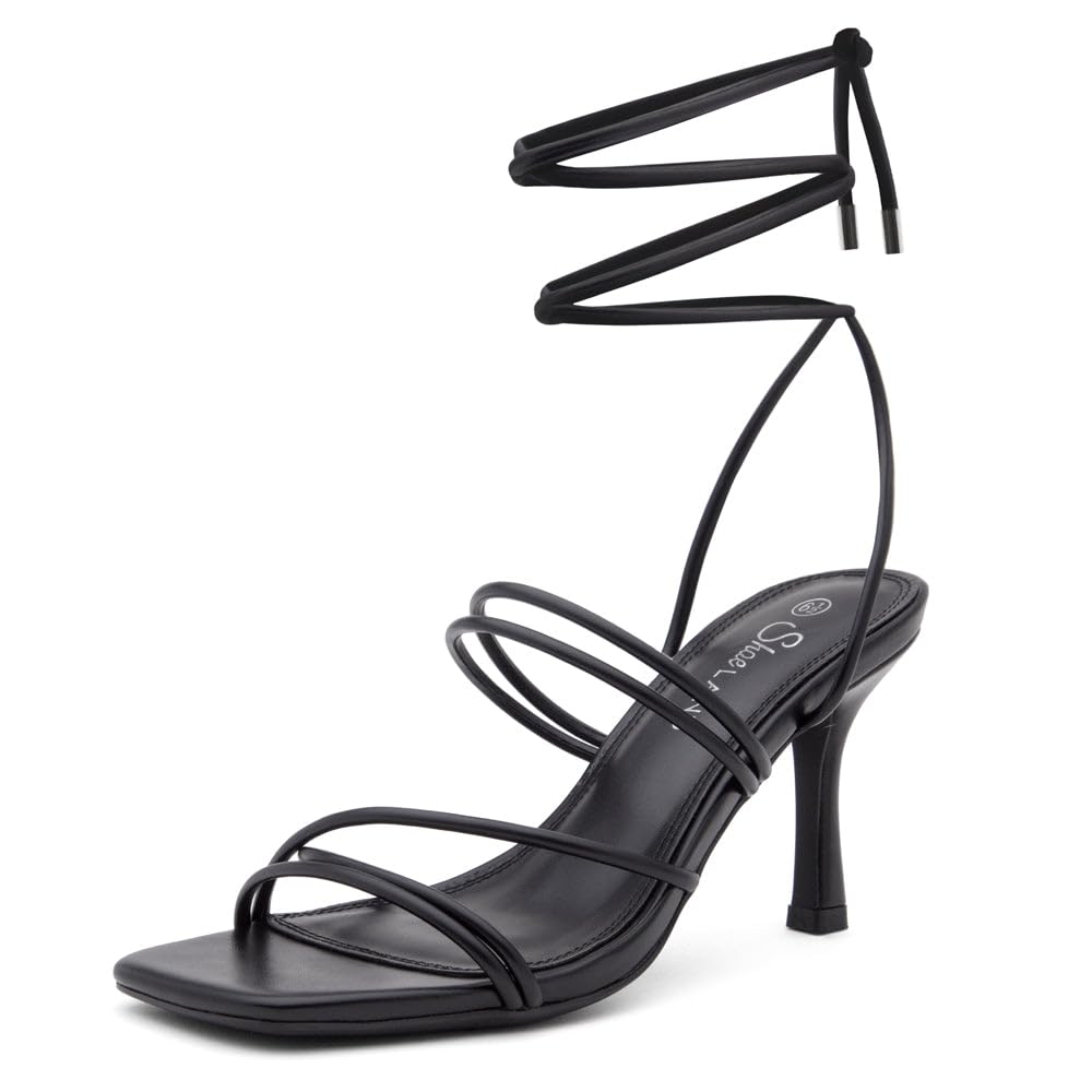 Shoe Land SL-Lumi Womens Lace Up Heels Square Open Toe Strappy Straps Ankle Wrap Stiletto High Heel Sandals Black Size 7.0