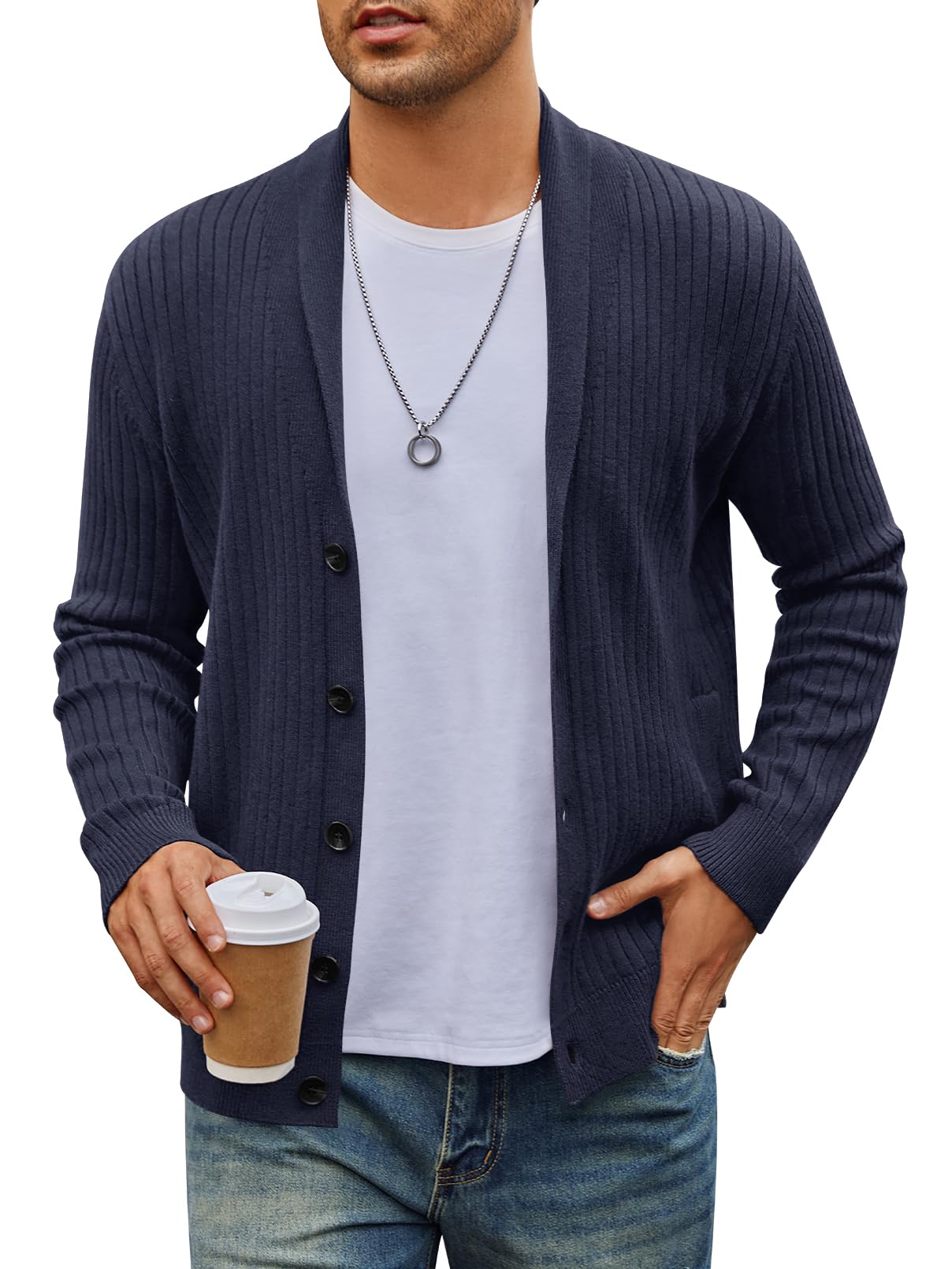 MEROKEETY Mens 2024 Casual Long Sleeve Cardigan Sweater Shawl Collar Button Down Ribbed Knit Outerwear Navy XL