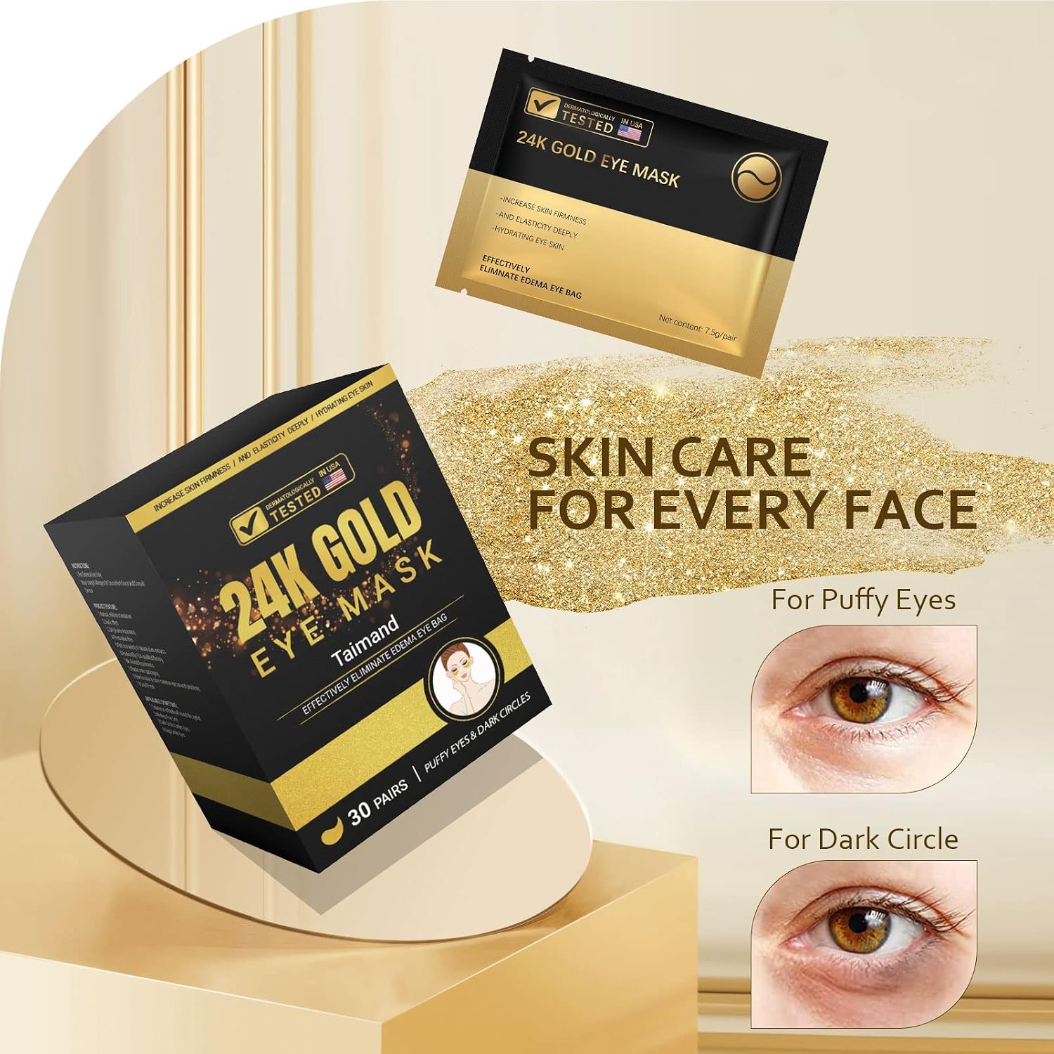 Under Eye Patches (30 Pairs), 24K Gold Eye Mask for Dark Circles | for Puffy Eyes, Bags and Wrinkles, with Collagen, Hyaluronic Acid, Relieves Pressure, Revitalises Skin for Women and Men