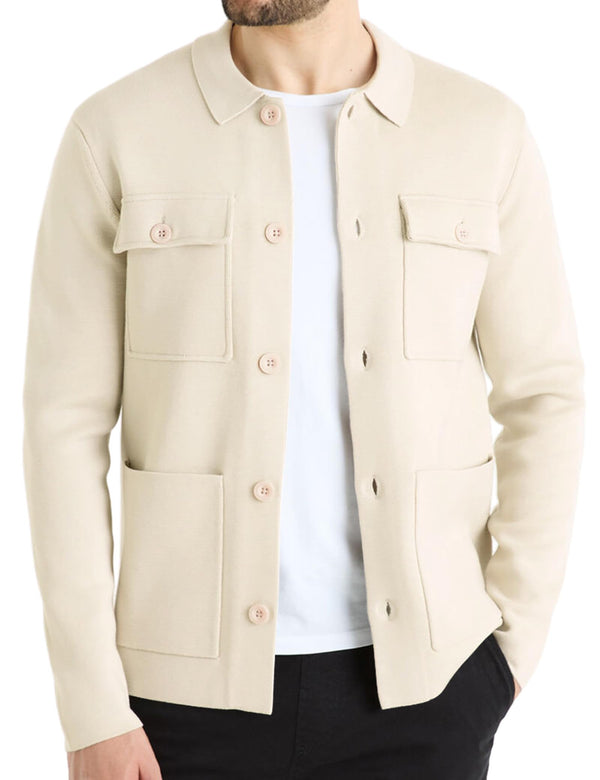 Atforna Mens Cardigan Sweater Casual Chunky Knit Multi-Pocket Lapel Collar Button Down Long Sleeve Sweater Fall Winter 2024 Sweater Beige XXL