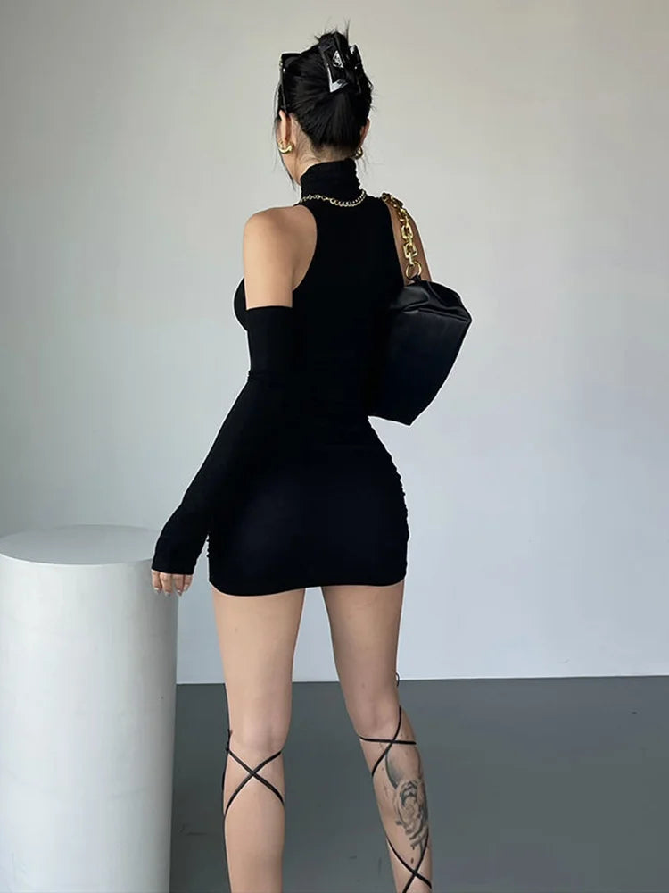 Sexy Mini Dress Women'S Oversleeve Pleated Bodycon Dress High Neck Autumn Black Shinny Elastic Party Tank Hip Wrap Dresses Club
