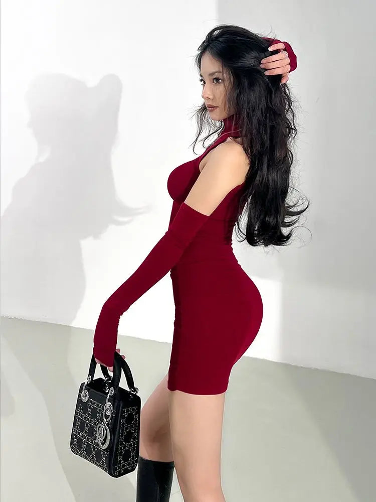 Sexy Mini Dress Women'S Oversleeve Pleated Bodycon Dress High Neck Autumn Black Shinny Elastic Party Tank Hip Wrap Dresses Club