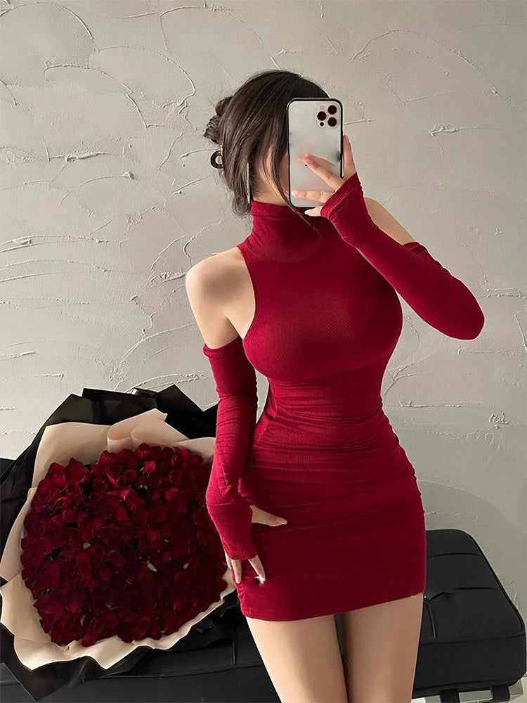 Sexy Mini Dress Women'S Oversleeve Pleated Bodycon Dress High Neck Autumn Black Shinny Elastic Party Tank Hip Wrap Dresses Club
