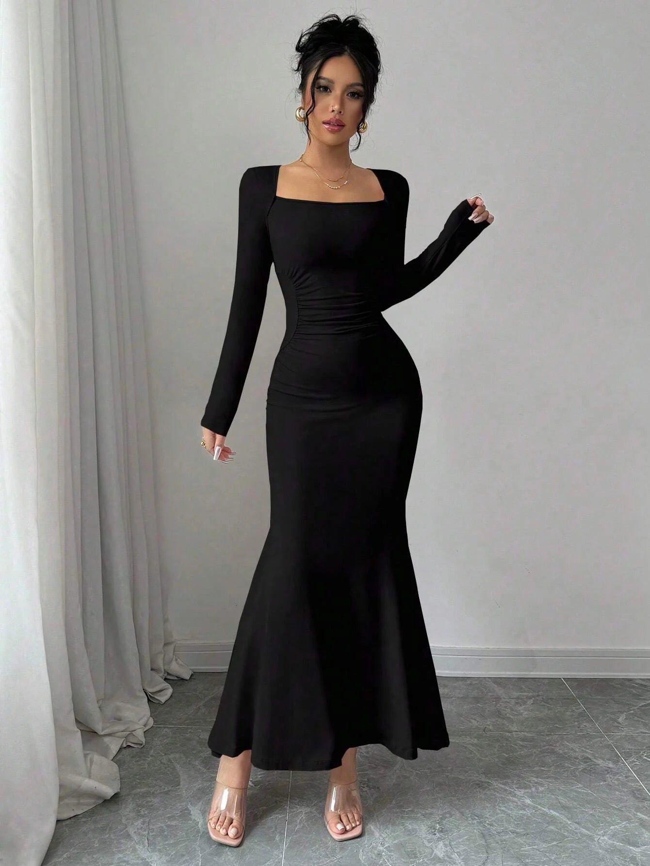 Women'S Four Seasons New Style Women'S Elegant Temperament Retro Solid Color Square Collar Long Sleeve Dress