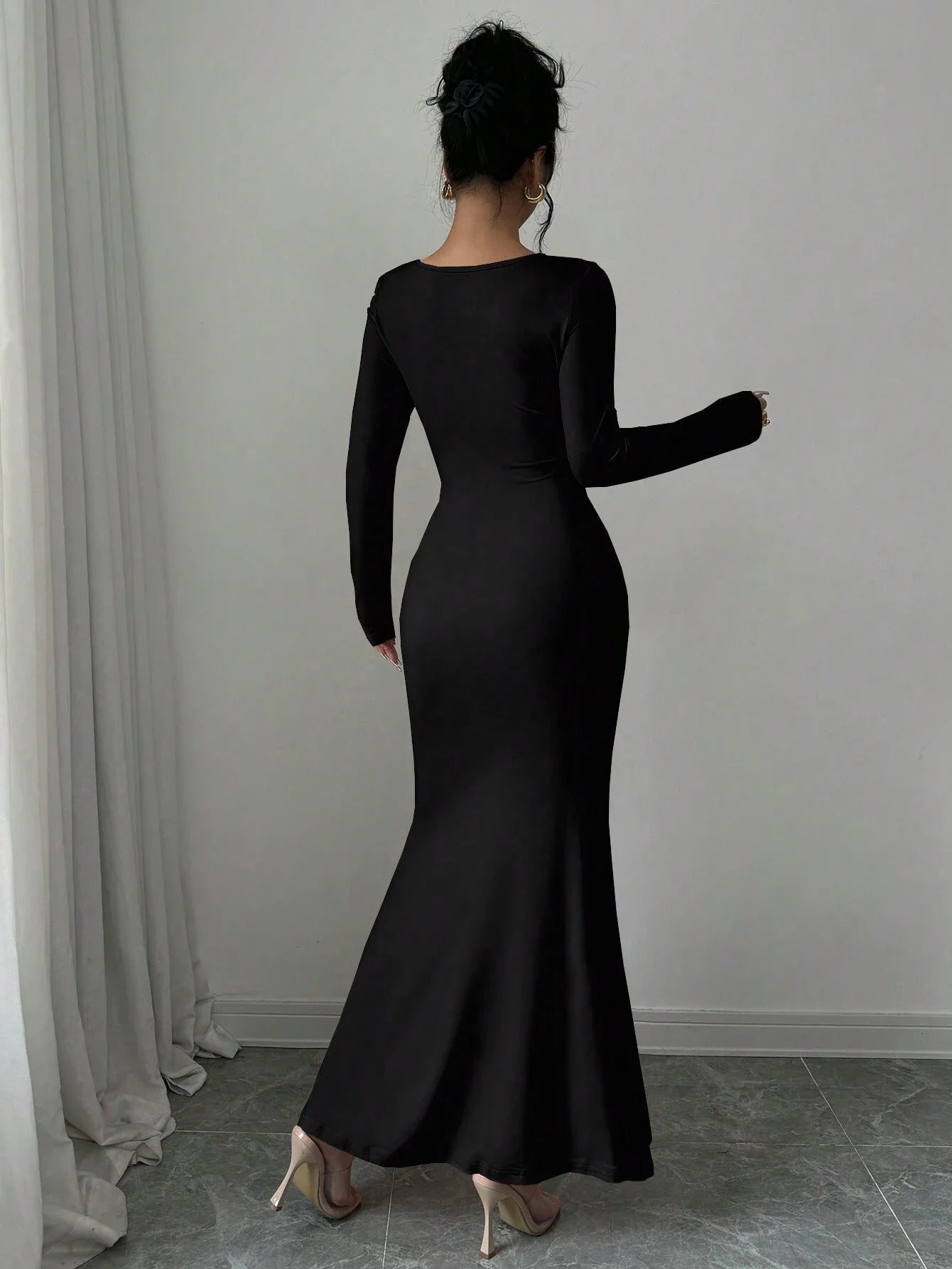 Women'S Four Seasons New Style Women'S Elegant Temperament Retro Solid Color Square Collar Long Sleeve Dress