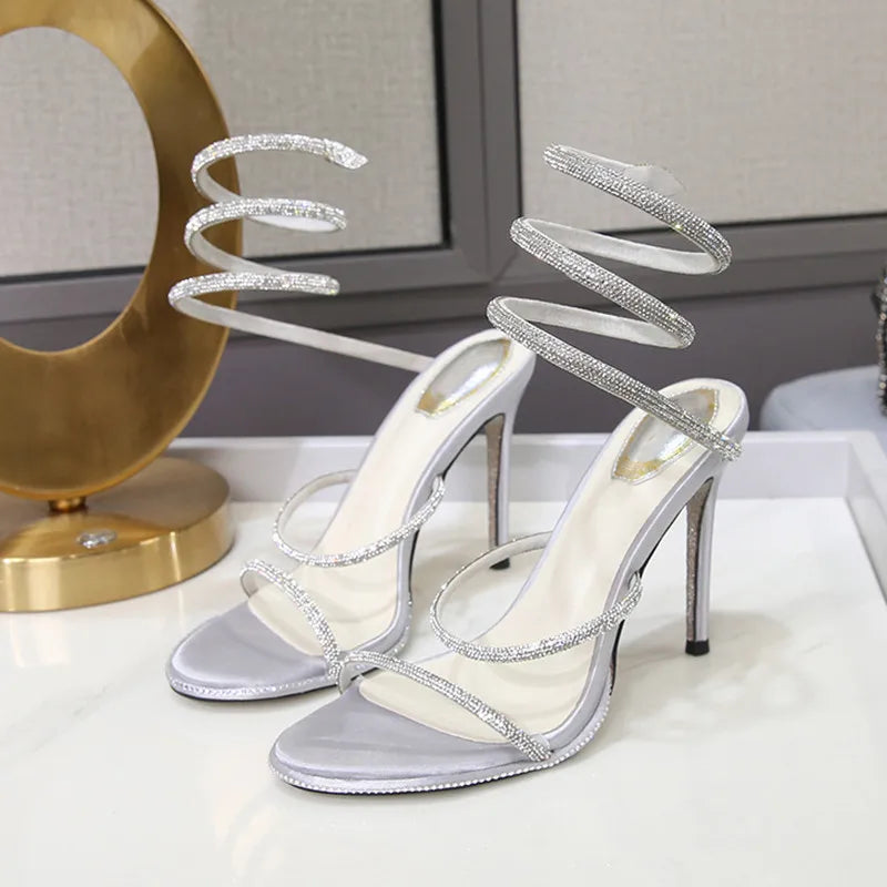 Fashion Summer Snake Twine around Crystal Women Sandals Luxury Rhinestones Thin High Heels Gladiator Sandals Party Prom Shoes
