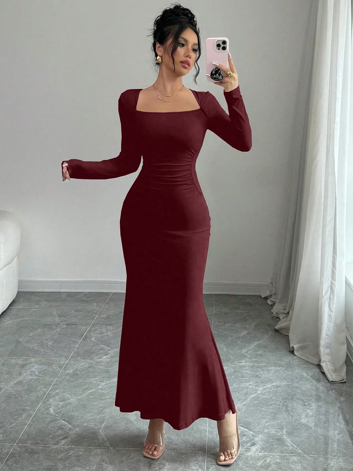 Women'S Four Seasons New Style Women'S Elegant Temperament Retro Solid Color Square Collar Long Sleeve Dress