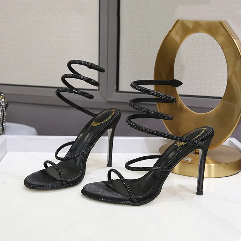 Fashion Summer Snake Twine around Crystal Women Sandals Luxury Rhinestones Thin High Heels Gladiator Sandals Party Prom Shoes