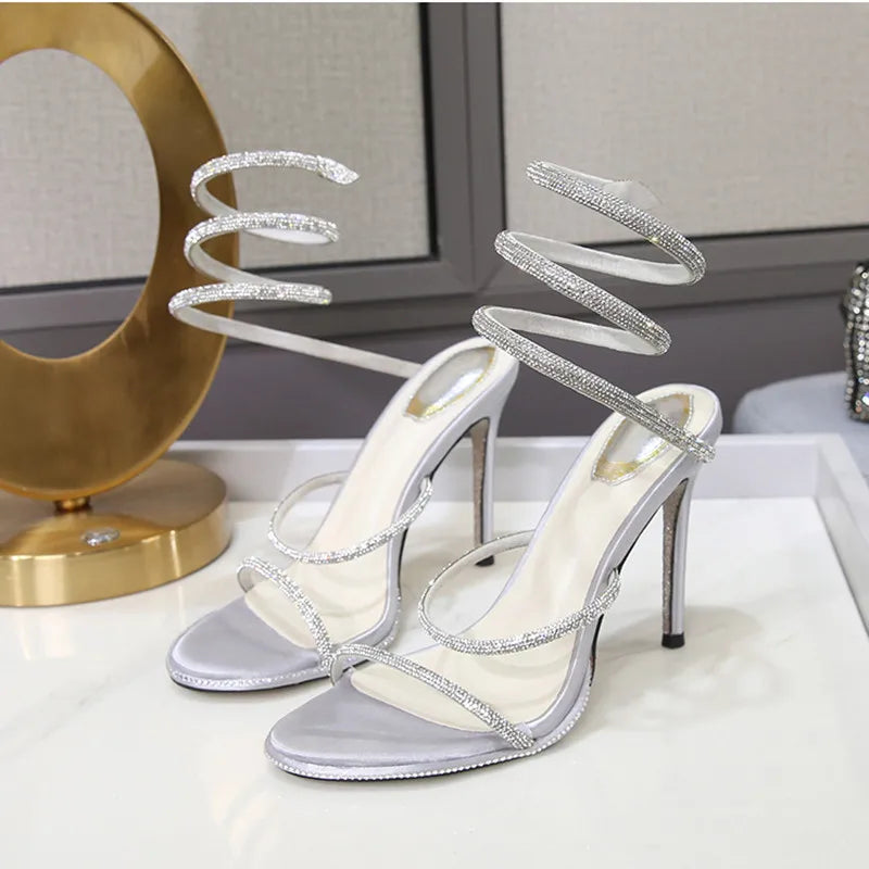 Fashion Summer Snake Twine around Crystal Women Sandals Luxury Rhinestones Thin High Heels Gladiator Sandals Party Prom Shoes