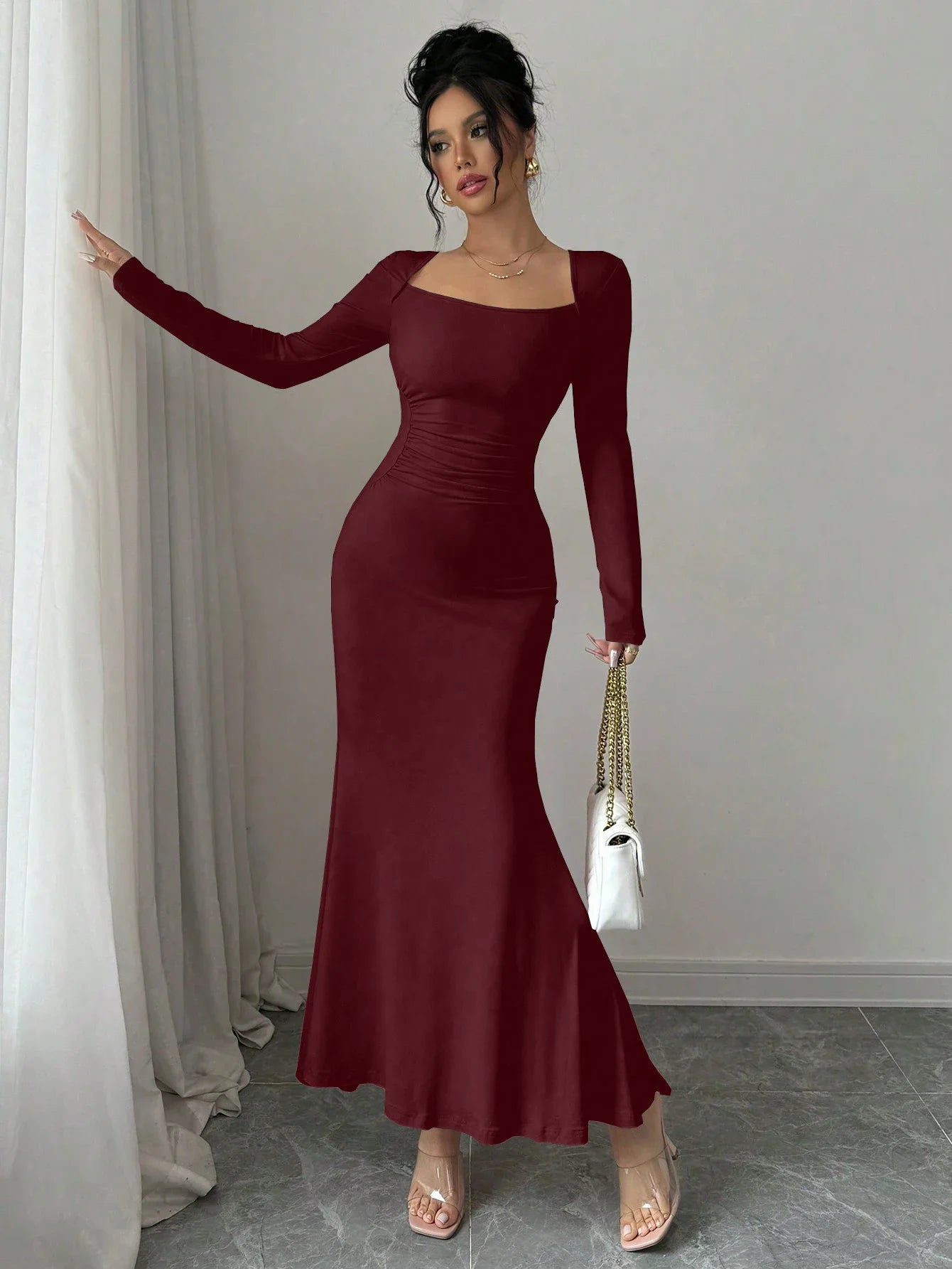 Women'S Four Seasons New Style Women'S Elegant Temperament Retro Solid Color Square Collar Long Sleeve Dress
