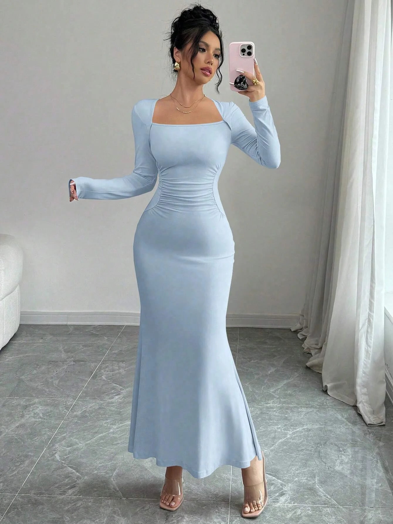 Women'S Four Seasons New Style Women'S Elegant Temperament Retro Solid Color Square Collar Long Sleeve Dress