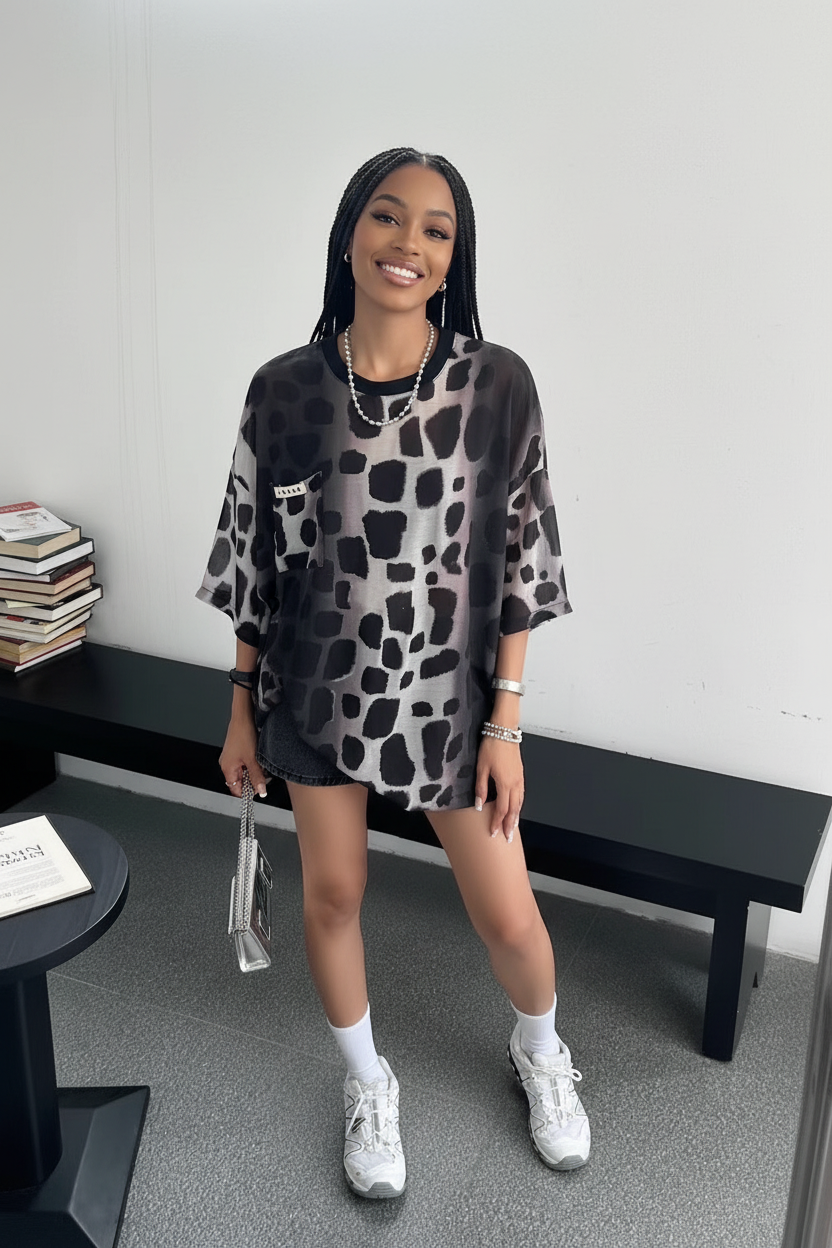 Beautiful Black Woman in Loose Spot Print Top