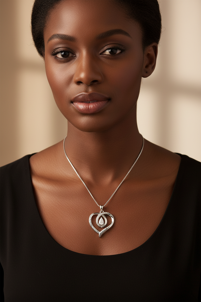 Beautiful Black Woman Wearing Heart Necklace
