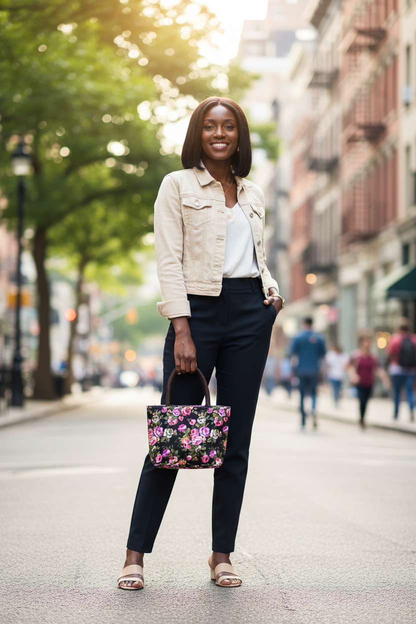 Black Woman with Floral Handbag Outdoors