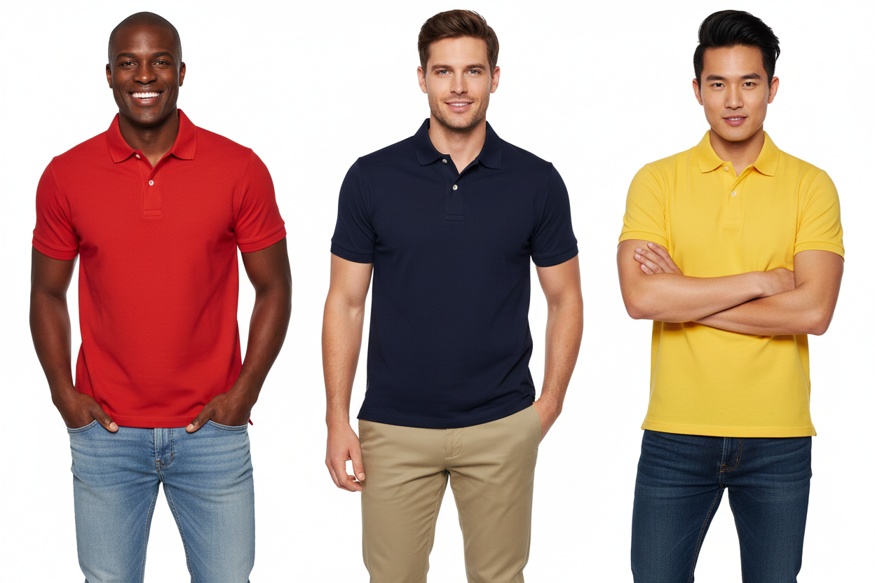 Diverse Men in Colorful Polo T-Shirts