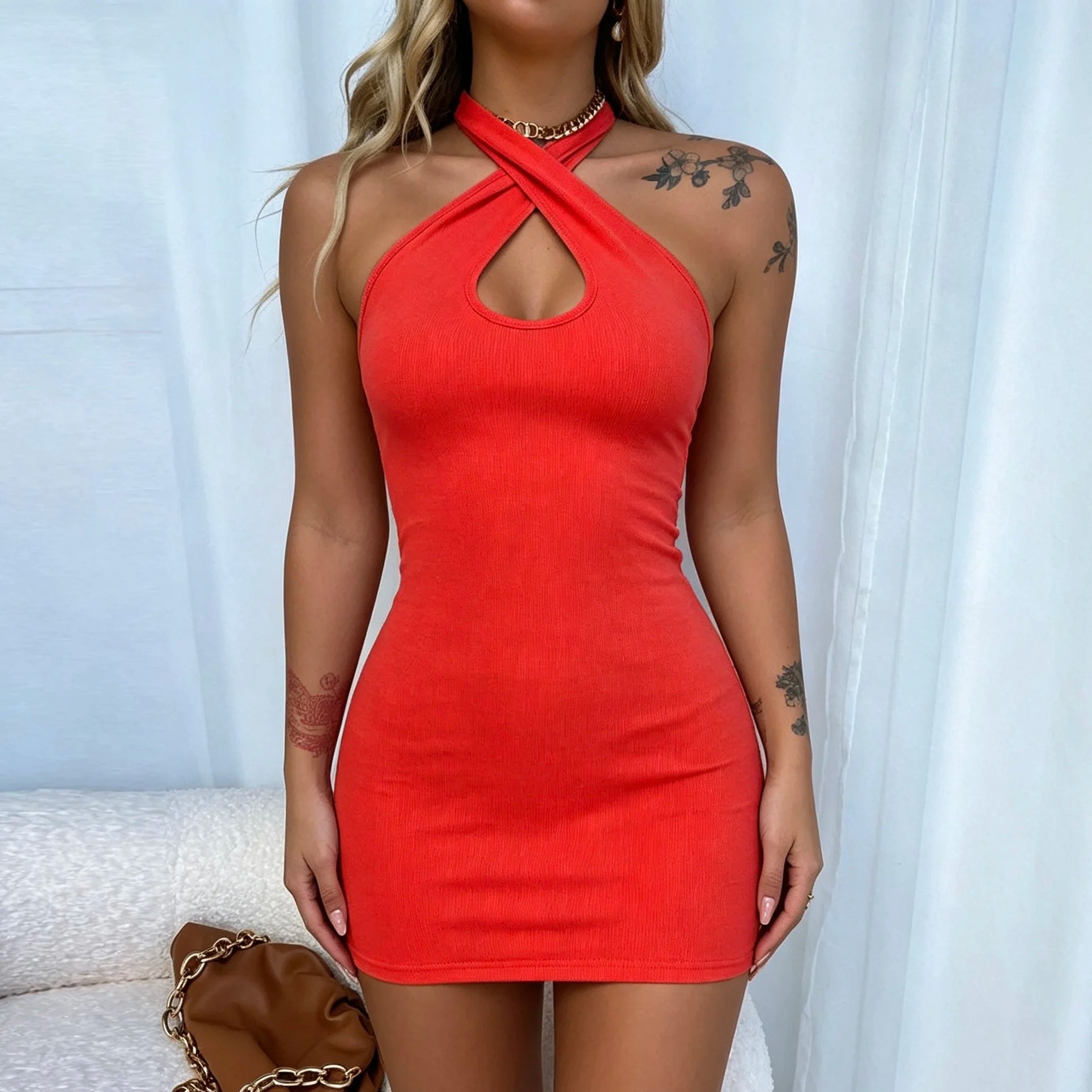 Women Sexy Halter Neck Mini Dress Criss Cross Cutout Ribbed Bodycon Short Dresses Summer Party Clubwear